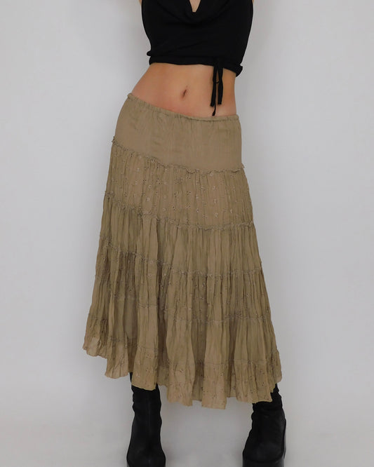 Y2K Tan Tiered Maxi Skirt | Size M