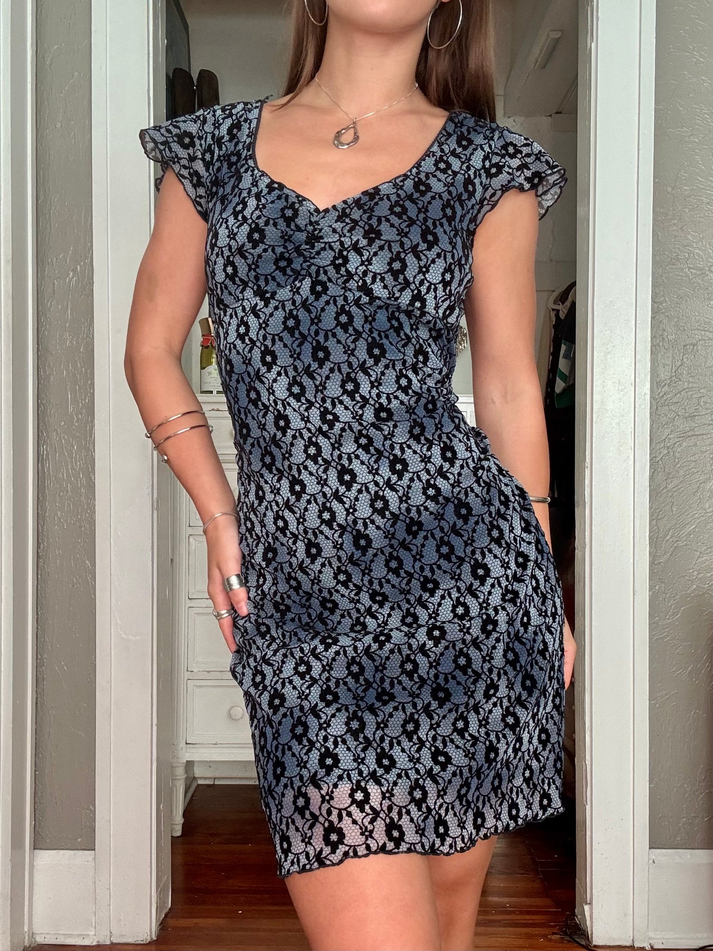 Mesh 90's Lace Print Dress | Size M