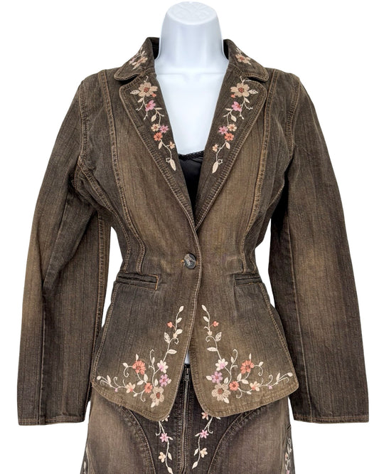 Apostrophe 90's Embroidered Denim Blazer | Size 14P