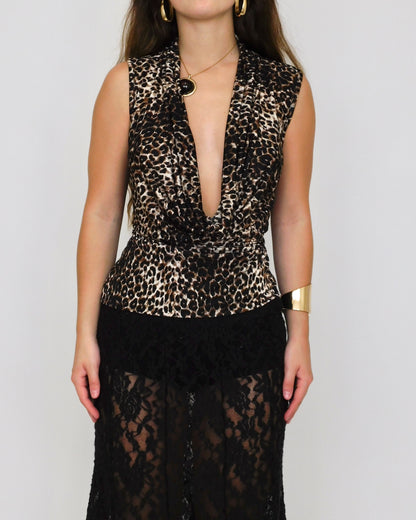 Y2K Leopard Plunge Blouse | Size M