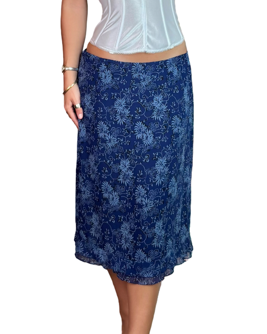 Blue Silk Floral Midi | Size 30” waist