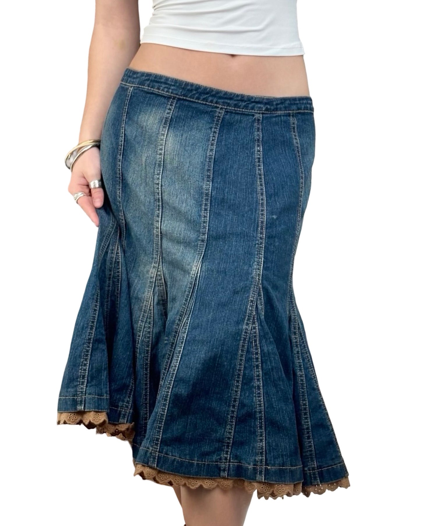 Kikit 00's Lace Hem Denim Midi Skirt | Size 31" Waist