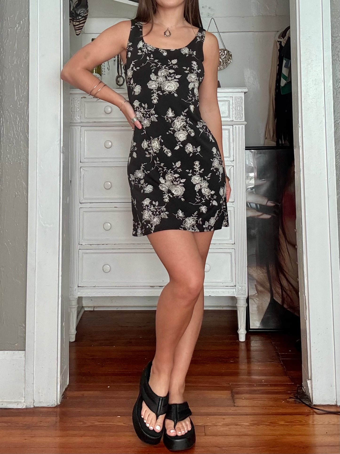Black 90's Floral Dress | Size S