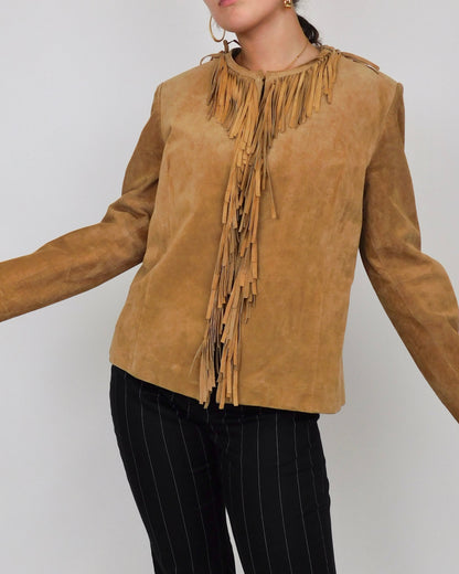 Brown Fringe Leather Jacket | Size XL