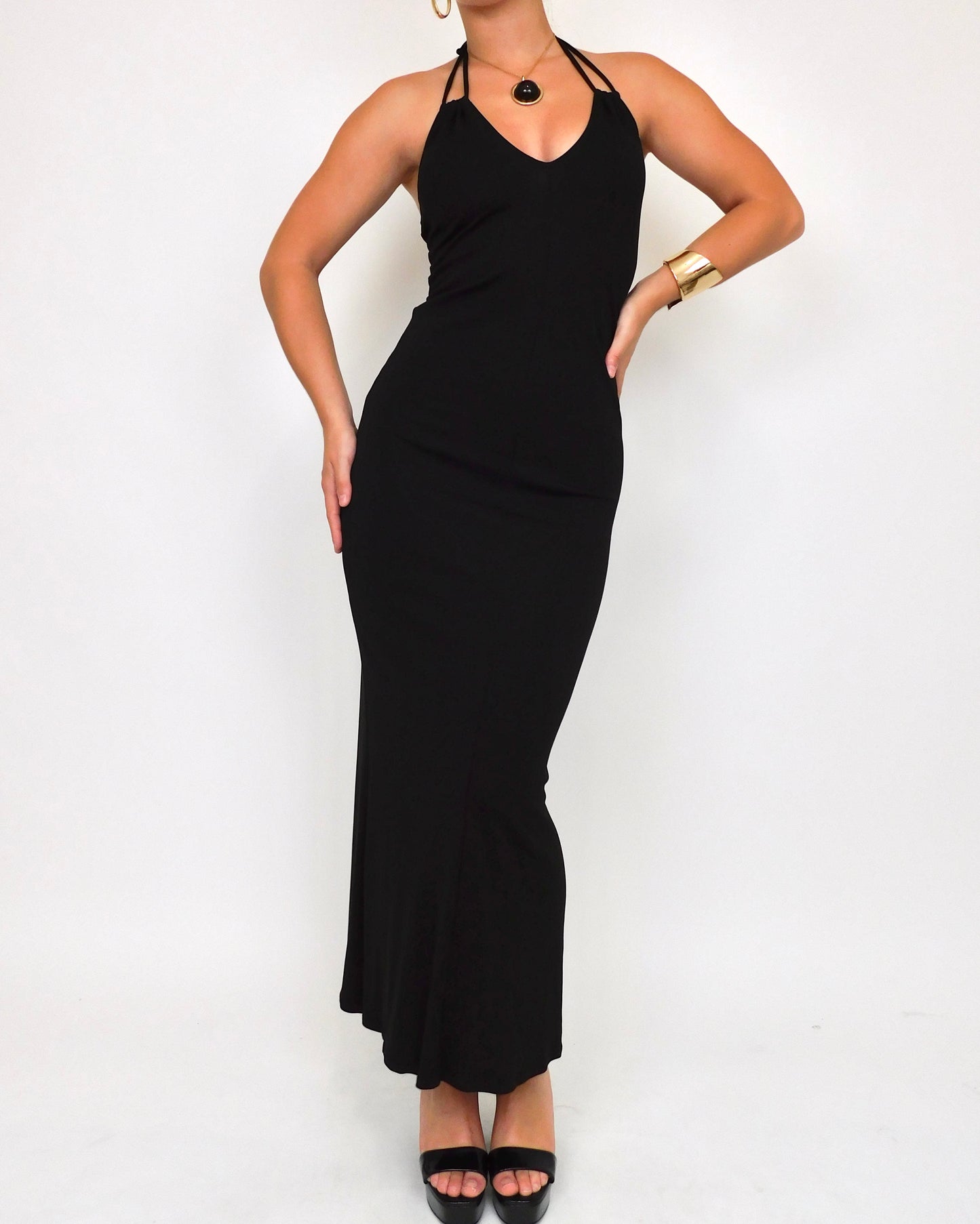 Y2K Black Halter Maxi Dress | Size XS