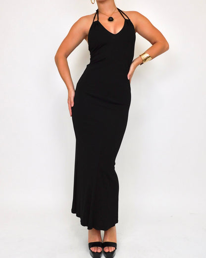 Y2K Black Halter Maxi Dress | Size XS