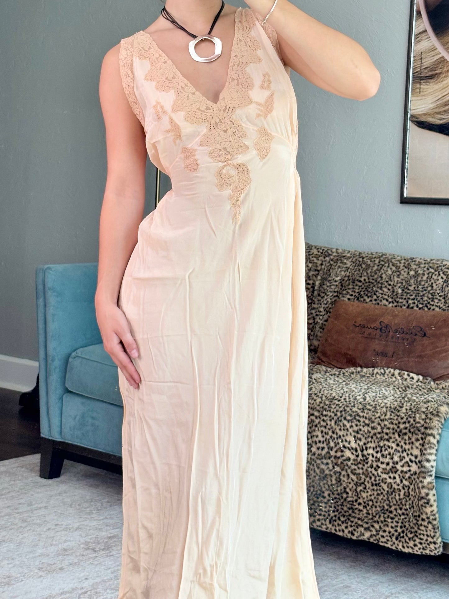 Peach 1930's Silk Tie Back Slip | Size 32