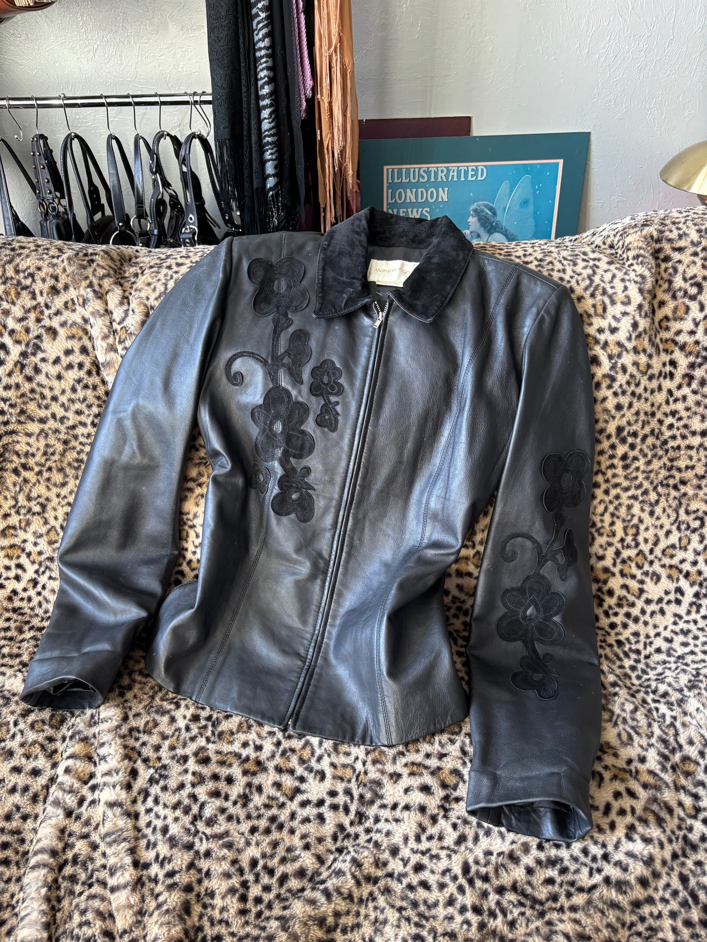 Flower Detail 90's Leather Jacket | Size M