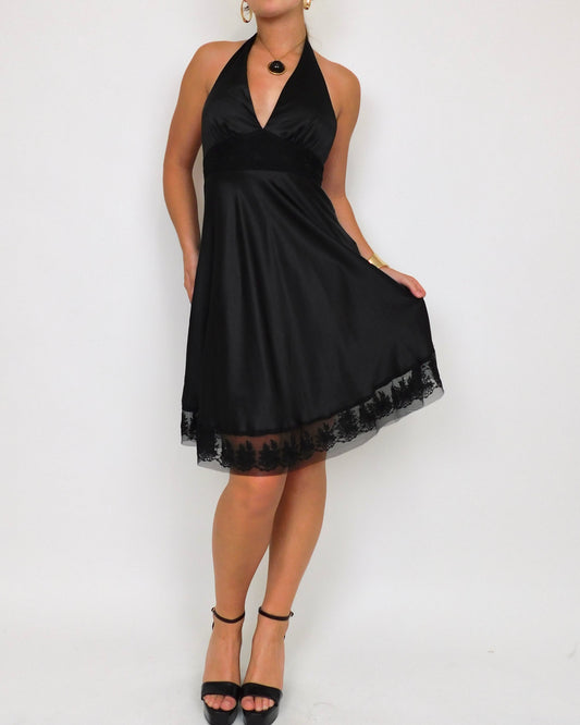 Y2K Black Satin Halter Dress | Size S