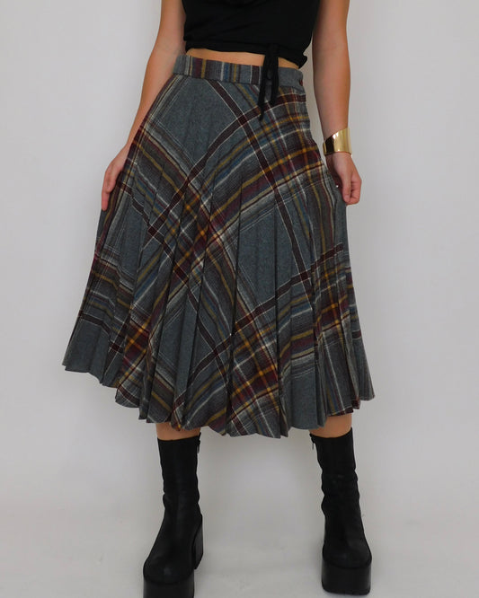 Vintage Burgundy Plaid Midi Skirt | 28” waist