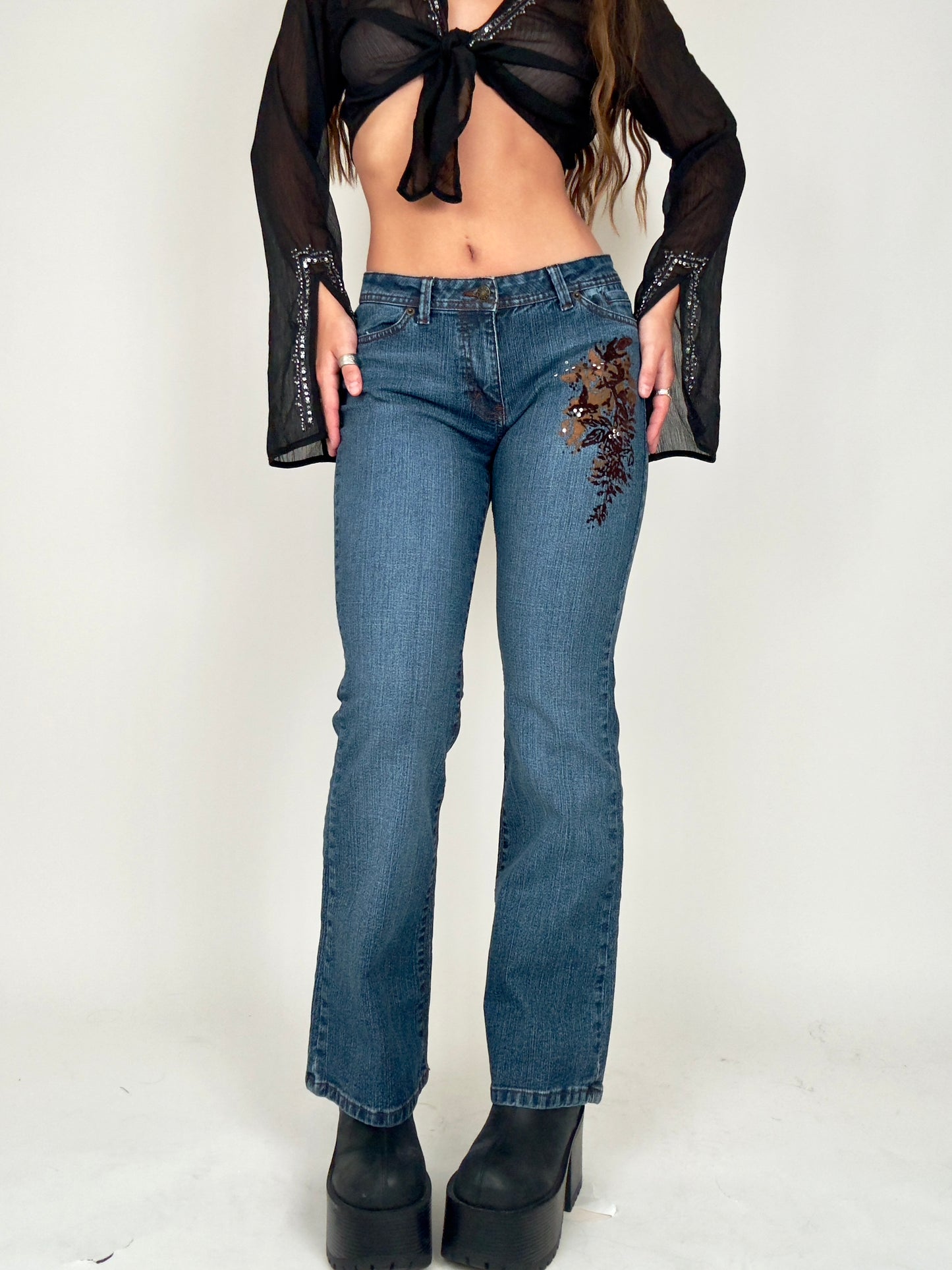 Brown Floral Detail Jeans | Size 27” waist