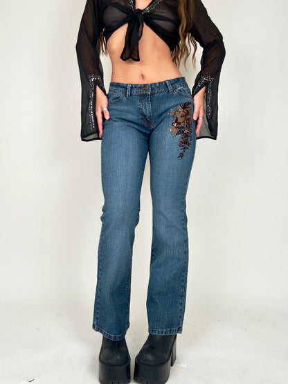 Brown Floral Detail Jeans | Size 27” waist