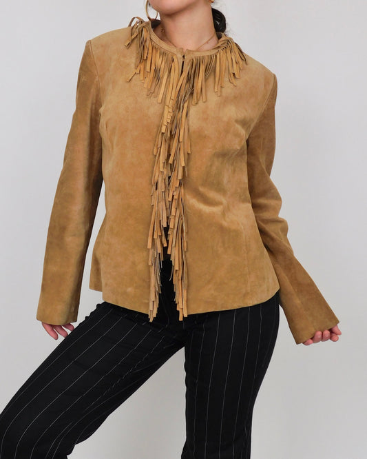 Brown Fringe Leather Jacket | Size XL